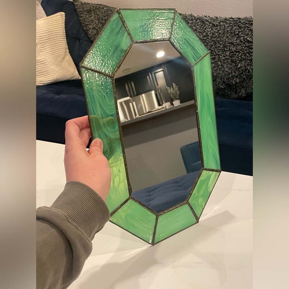 Stained Glass Mirror Green Vintage Irregular Octagon Art 16x11 Small Defect